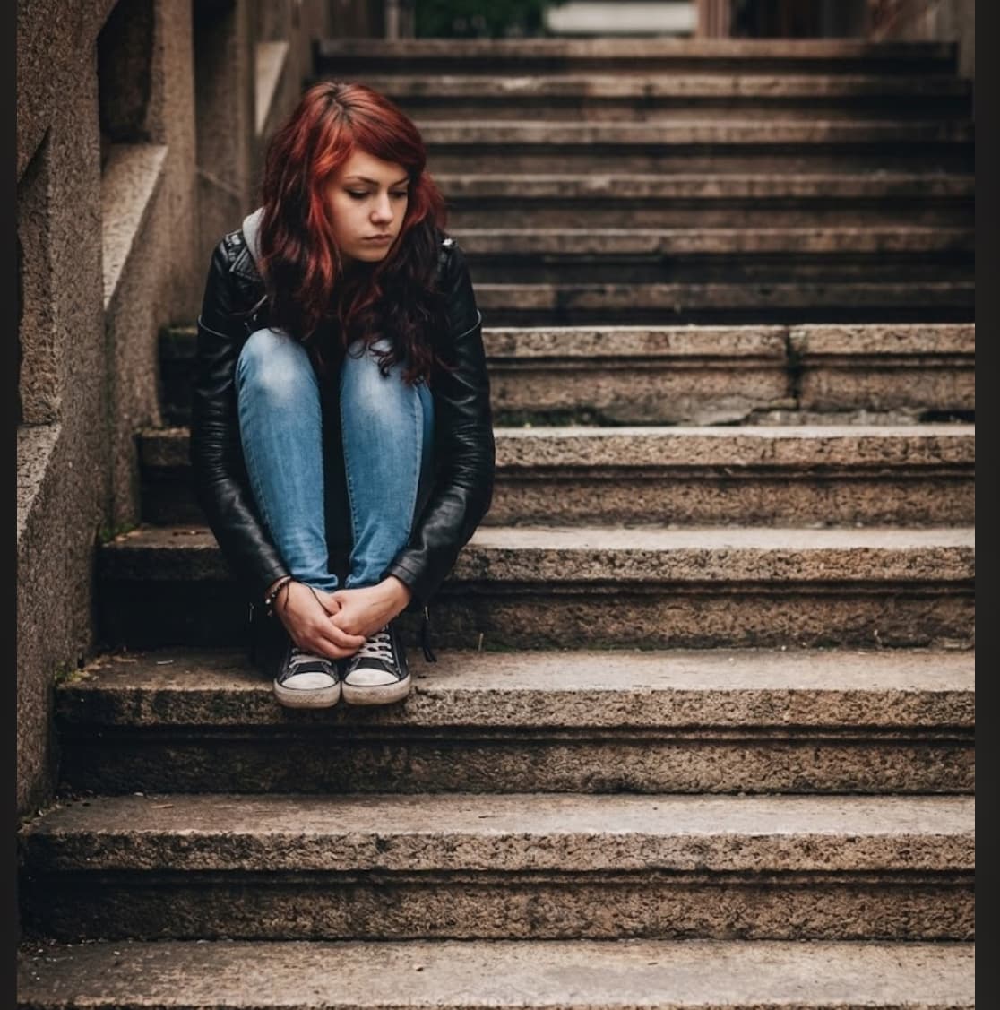 A young woman sitting alone on stone steps